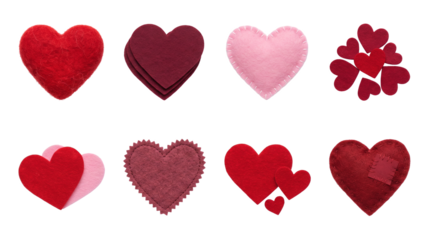 Red felt heart set including stitched, stuffed, layered, and jagged edge styles isolated. Romantic craft and valentines day decoration collection.