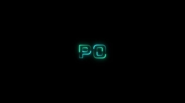 Glowing neon PO Text Animation. Alpha matte with black background.