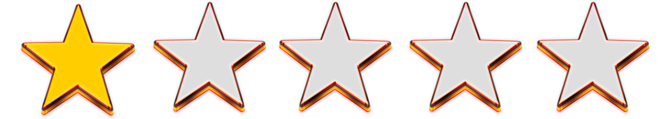 Obraz premium Golden one star rating icon isolated on transparent background, shiny metallic award symbol for reviews, ranking, quality feedback and UI design png