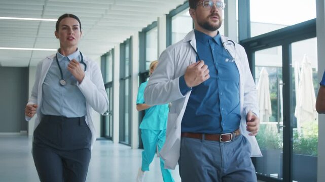 Doctors running through clinic hallway responding to urgent call. Focused doctor leading team with determined expression. Colleagues rushing besides showing quick reaction and readiness for emergency.