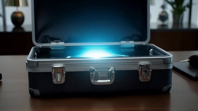 Businessman opening metal briefcase revealing glowing secret content