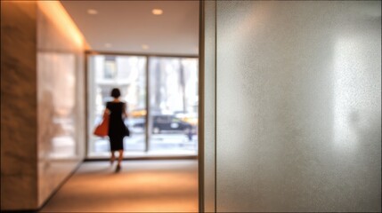 Fototapeta premium Shot of translucent vinyl decal on glass entrance medium framing highlights subtle branding while background remains out of focus for privacy.
