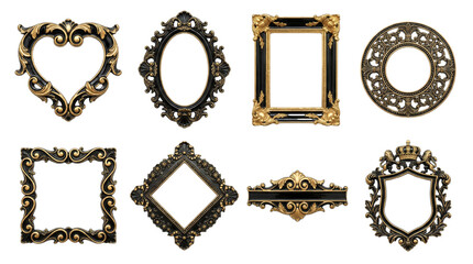 Ornate baroque frame set including heart, oval, rectangular, and shield shapes isolated. Vintage gold and black decorative border collection for photography and art.