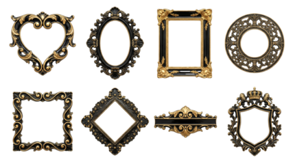 Ornate baroque frame set including heart, oval, rectangular, and shield shapes isolated. Vintage gold and black decorative border collection for photography and art.
