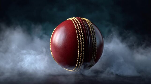 Centered crimson red cricket ball with leather texture on neutral background