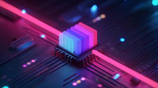 Abstract digital processor with vibrant neon lighting on circuit board