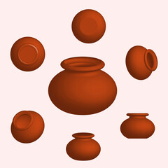 Pongal clay pot 360 degree view vector illustration