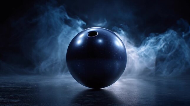 Big centered glossy bowling ball with deep shine on dark background