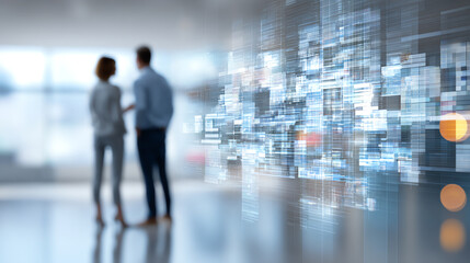 Two professionals engaged in conversation, with digital graphics in the background, highlighting modern workspaces.
