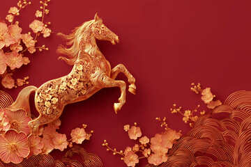 Golden 3D zodiac horse with floral ornaments on red background with copy space, year of the horse celebration, lunar chinese new year traditional illustration