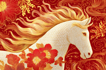 White and golden horse head on red background with floral oranments, year of the fire horse celebration, lunar chinese new year traditional illustration