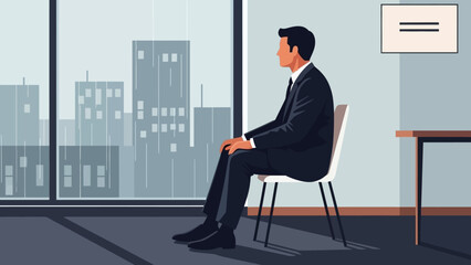 Fototapeta premium Man in formal suit sitting on a chair in an office, looking out of the window at the city skyline