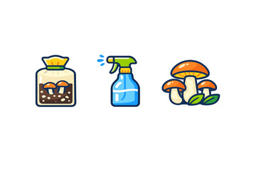 Mushroom growing kit, spray bottle, and wild mushrooms icons