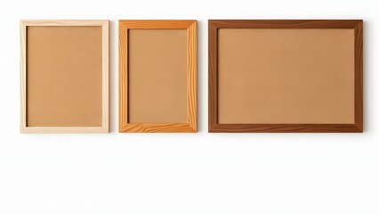 Fototapeta premium Set of Three Empty Wooden Picture Frames of Various Sizes and Tones Arranged on a Clean White Wall Mockup for Gallery Display