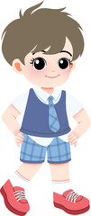 A smiling cartoon boy in school uniform standing confidently with hands on hips