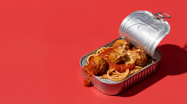 Surreal spaghetti meatballs inside opened canned food