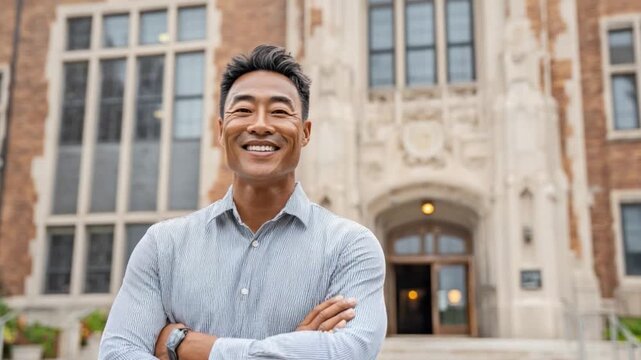 Smiling Man in Front of Building: A confident and smiling man stands in front of a classic building, his posture suggesting success and approachability. Capturing a moment of optimism and potential