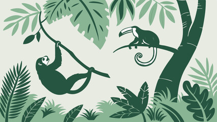 Fototapeta premium Jungle Rainforest Scene with Sloth Hanging and Toucan Perched for Nature Education or Travel Promotion Design