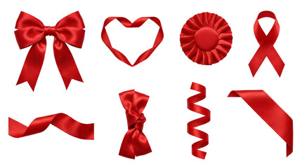 Red satin ribbon set including bow, heart, rosette, awareness loop, curl, and knot isolated. Decorative gift wrap and celebratory ornament collection.