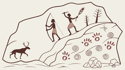 Prehistoric Cave Painting Depicting Hunters Stalking Deer with Bows and Spears for History Education or Primitive Lifestyle Design Projects