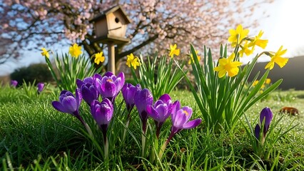 Vibrant crocus and daffodil flowers blooming in green spring garden with birdhouse. Seasonal plant for Easter and springtime holiday greeting card.