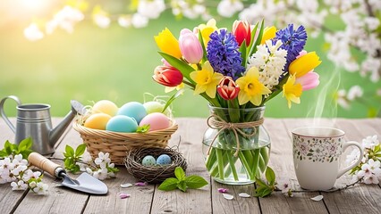 Colorful spring flowers with Easter eggs and hot tea on a rustic wooden table. Spring holiday decoration for greeting card design.