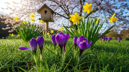 Purple crocus and yellow daffodil flowers covered in dew drops surrounded by lush green grass. Spring season with a birdhouse in the background for nature concept.