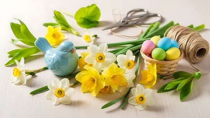 Colorful Easter eggs in a small basket with fresh daffodils and a ceramic bird on a light wooden background. Spring holiday celebration concept for greeting card