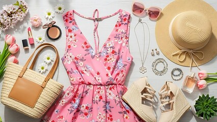 Pink floral summer dress, straw accessories, and cosmetics on white wood table. Spring and summer fashion flat lay display for blog or magazine.