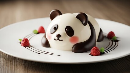 Cute panda shaped dessert on white plate with chocolate sauce and raspberries. Adorable food art for children party or dessert menu.