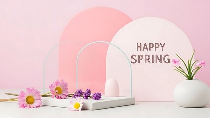 Happy Spring display with flowers and decor on a pink background. Seasonal greeting for celebration, marketing, banner and card design.