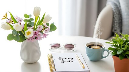 White tulips and cherry blossoms in vase with Spring Goals notebook and steaming coffee cup. Fresh start and planning concept for Spring.