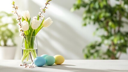 White tulips in vase with colorful Easter eggs. Spring holiday celebration layout with blooming flowers and vibrant pastel eggs.