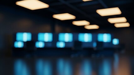 Blurred Modern Technology Workspace with Glowing Blue Monitor Screens