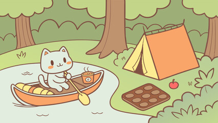 Cute Kawaii Cat Canoeing by Campsite Tent with Baked Goods for Cozy Summer Vacation Relaxation and Outdoor Adventure Design