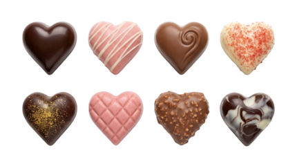 Heart shaped chocolate set including dark, milk, white, pink, nutty, and decorated truffles isolated. Valentine's Day dessert and confectionery collection.