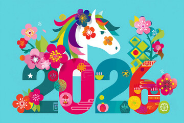 2026 year of the horse, colorful modern pop art flat illustration, vivid colors cute zodiac horse head with floral ornaments and patterns