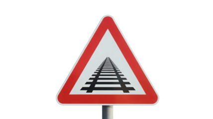 A clear and prominent European triangular warning sign indicating an unguarded railway crossing isolated on a stark black background with good visibil