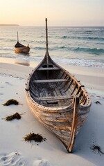 Fototapeta premium Weathered wooden boats rest on sandy shore, waves roll in under soft sunset glow.