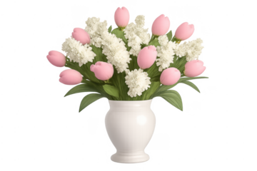 Pink tulips and white lilacs floral arrangement in vase