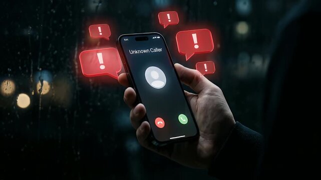 Phone screen alerting unknown scam call. Concept of phone fraud, spam calls, scammer warning system, and cybersecurity protection. Mobile safety technology against phishing and fake calls.