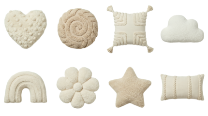 Textured throw pillow set including heart, star, cloud, rainbow, flower, and geometric shapes isolated. Modern home decor and nursery accessory collection.