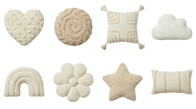 Textured throw pillow set including heart, star, cloud, rainbow, flower, and geometric shapes isolated. Modern home decor and nursery accessory collection. - Powered by Adobe