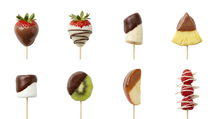 Chocolate dipped fruit set including strawberry, banana, pineapple, kiwi, apple, marshmallow, and raspberry on sticks isolated. Sweet dessert and snack collection.