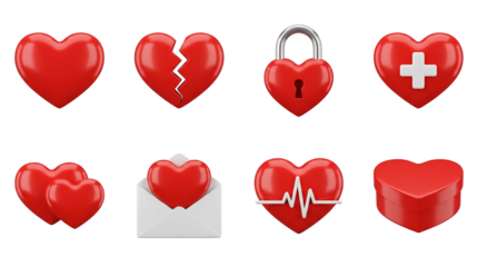 Glossy red heart set including broken, locked, medical, double, envelope, heartbeat and box variants isolated. Romantic love and healthcare symbols collection.