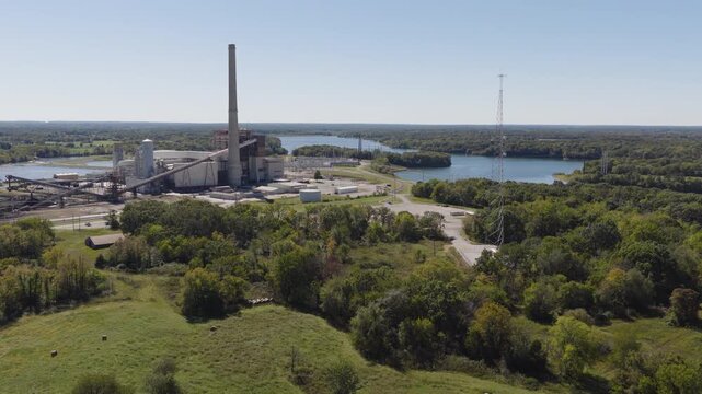 Flint Creek Power Plant - Electrical Power Station Near West Of Gentry In Benton County, Arkansas, USA. Aerial Pullback Shot