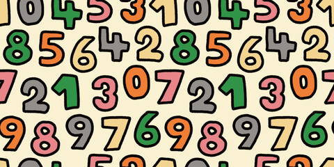 Seamless Colorful Handdrawn Numbers Pattern for Kids and Fun Design.
カラフルな手描き数字のポップなシームレスパターン