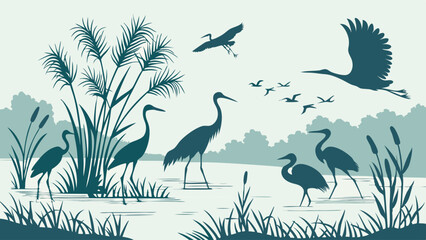 Obraz premium Serene Heron and Egret Wildlife Silhouette Wading in Marsh Habitat for Nature Documentary or Environmental Web Design Background