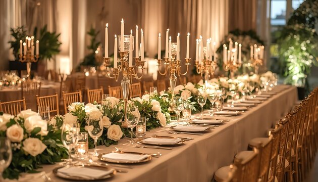 A beautifully set table in a luxurious banquet hall with elegant decorations and fine dining setup