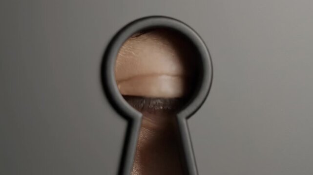 Extreme close up of a brown human eye peeping through a vintage keyhole. This footage represents concepts like curiosity. Spying. Voyeurism. Secrecy. Surveillance. And the desire for hidden knowledge